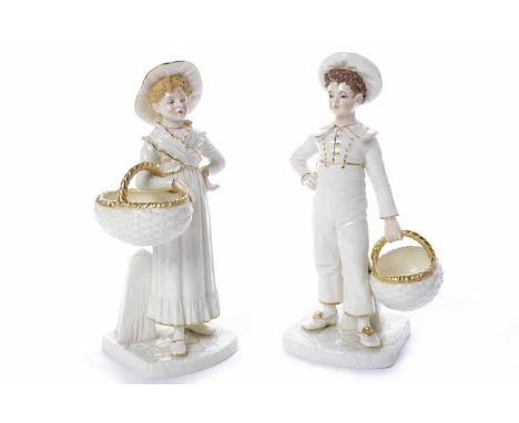 ATTRACTIVE PAIR OF ROYAL WORCESTER FIGURES BY JAMES HADLEY modelled as a young girl and boy respectively, each holding a bask