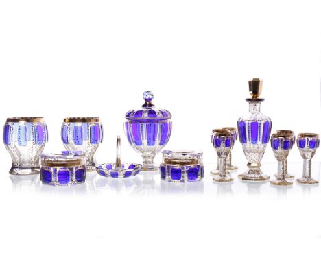 LATE 19TH/EARLY 20TH CENTURY BLUE AND GILT BOHEMIAN GLASS DRESSING TABLE SETcomprising a lidded bowl, two glasses, two lidded