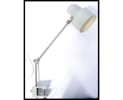 A vintage retro 20th century Eastern European industrial clamp anglepoise lamp. Grey painted finish with pendant shade and cl