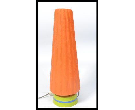 A retro 1960's table lamp having a striped green and blue lamp base with wonderful conical orange bark effect shade ( see ill