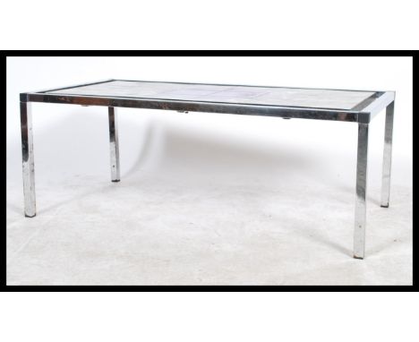 A vintage / retro 20th Century chrome framed tied topped coffee table, the tile top having a psychedelic design signed Bellan