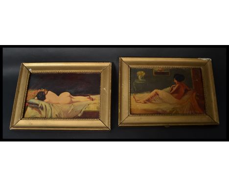 A pair of vintage 20th century oil on board paintings of recumbent nudes in ornate gilt frames, Both having signatures Sellwo