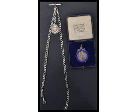 A hallmarked silver albert T bar fob chain with fob medal along with a silver and enamel fob medal Chemical Industries Limite