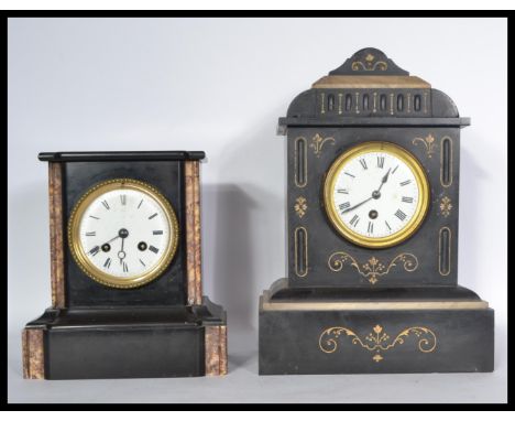 A Victorian 19th century slate and marble mantel clock by Japy Freres with cylinder movement and enamel dial together with an