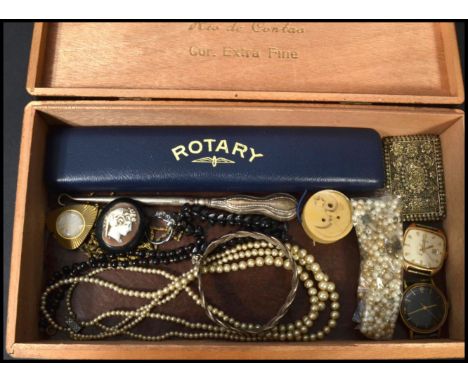 A collection of vintage watches to include bark effect Rotary, gents Timex black face, Oris and ladies fob watch and chain. A
