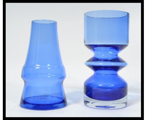 Two vintage 20th century Riihimaki studio art glass vases in matching blue colourways. Highest measures 20 cm.