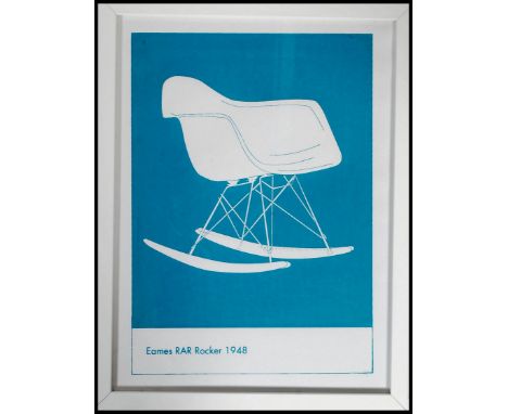 A framed and glazed picture / print of a designer chair. Eames RAR Rocker 1948, the picture depicting the chair in jwhite on 