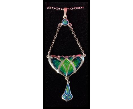 A sterling silver Art Nouveau style necklace pendant set with enamel&nbsp;complete in jewellery presentation box.