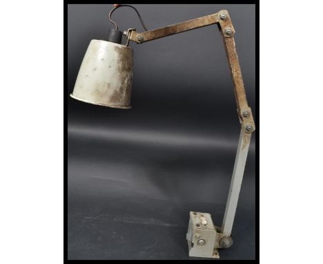 A 1950's mid century Industrial anglepoise factory work lamp light. The desk light with pendant shade and squared metal arm h