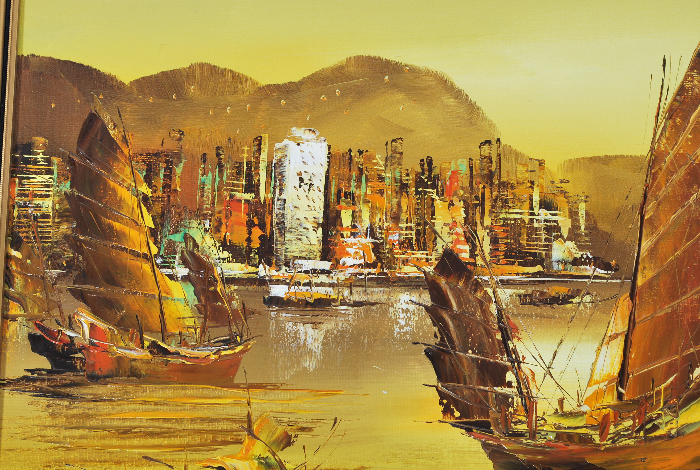 A vintage 20th century oil on board painting of a Hong Kong Junk boat