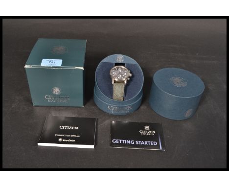 A boxed gents Citizen Eco-Drive WR100 stainless steel black dial&nbsp; chronograph watch, comes with presentation box and lab