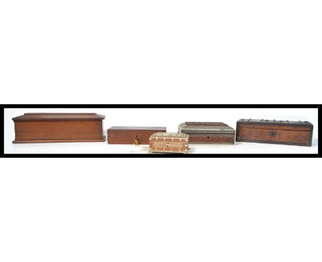 A collection of 19th and 20th Century work and trinket boxes varying in design and styles.&nbsp;Measures: 34cm widest.