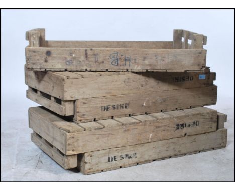 A collection of five&nbsp; vintage 20th century wooden apple / fruit / potato storage / transportation crates, some with nota