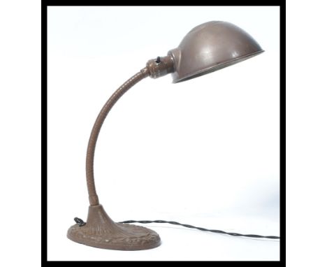 An early 20th century gooseneck anglepoise clam shell pendant desk lamp / light. Raised on cast iron base with adjustable goo