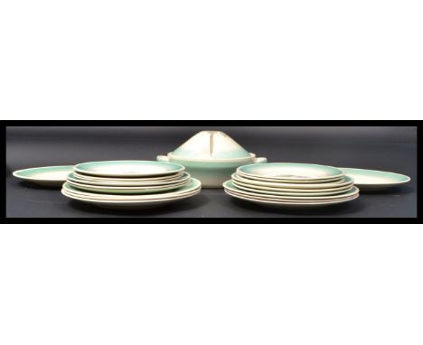 A vintage 20th century Susie Cooper Dresden Spray green variation pattern dinner service consisting of two oval serving platt