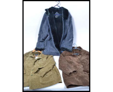 A group of three vintage style coats to include a XL leather 3/4 jacket in a moss finish together with another suede XL jacke