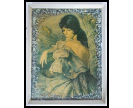 A vintage retro 20th century Lynch style framed print of a lady having later painted border. Please see images.