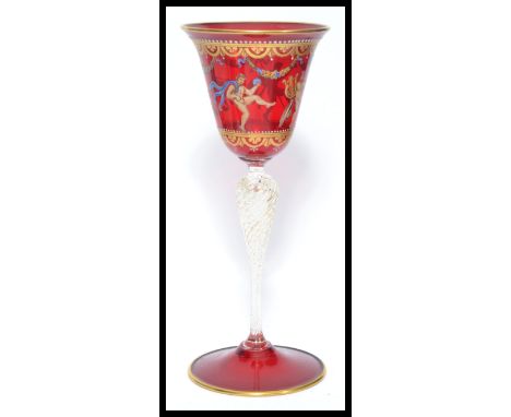 A vintage 20th century Murano /&nbsp;Venetian studio glass wine glass raised on a twisted stem hand coloured painted panels. 