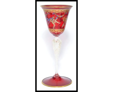 A vintage 20th century Murano /&nbsp;Venetian studio glass wine glass raised on a twisted stem hand coloured painted panels. 