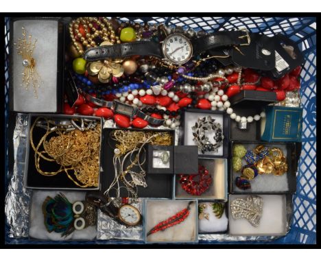 A collection of vintage costume dress jewellery to include silver rings , watches , brooches , necklaces , clips etc. Please 