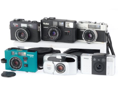 to include a Rolleimat F, a Minox CD70, Konica Zup140, Konica AF3 in turquoise, Konica C35 and Ricoh 35FM, bodies G, all have