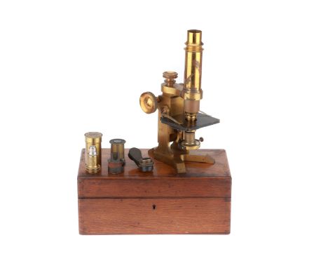 English, c.1890, brass plaque at rear of foot for M. Pillischer, London, 4367, the microscope on Y shaped base with plano-con