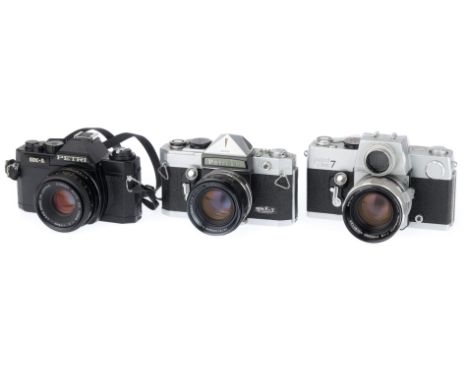 to include a Petri Flex 7, body G, shutter jammed, dent to prism, with Petri Automatic 50mm f/1.8 lens, optucs VG, some light