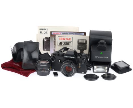 comprising a Pentax LX, black, serial number 5255940, body G-VG, shutter works but there is some mirror lag, viewfinder LEDs 