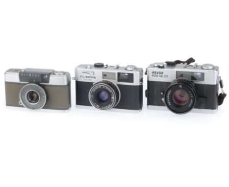 comprising an Olympus PEN-EE, body G, olive green, shutter works, metering not checked, an Olympus 35 RC, body G, shutter wor