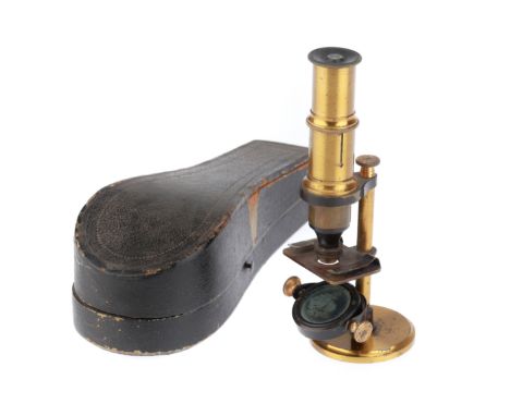 French, c.1880, unsigned, small compound microscope laying flat in silk and velvet lined leather case, microscope on small ci