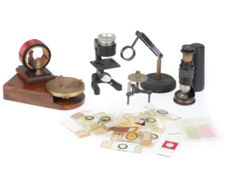including a small Hensoldt microscope with a conical cover, a polished wood slide ringing table, a condenser on a stand, a sm