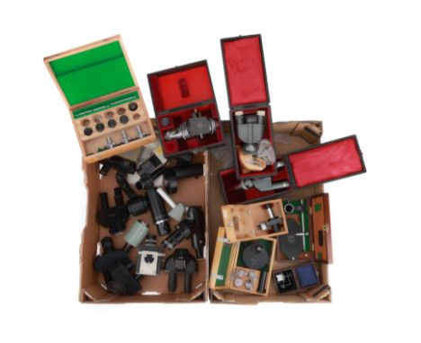 including a large number of microscope Binocular heads and body tubes for modern microscopes; a set of objectives and wavepla