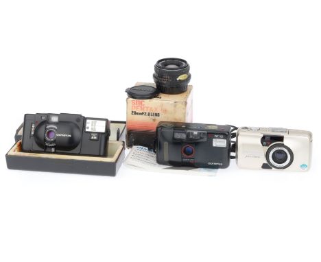 comprising an Olympus mju zoom 105, champagne finish, body G, powers up, opens and closes, an Olympus XA, shutter jammed, bod