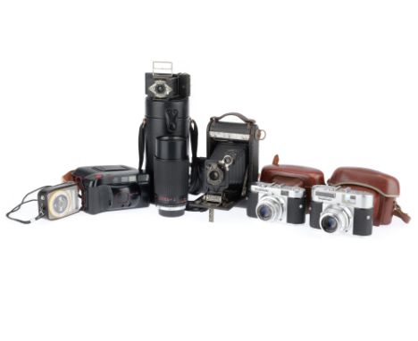 to include an Ensign Midget, VG, working, a pair of Voigtlander Vito, bodies G, shutters need attention, a Kodak No.1 Junior,