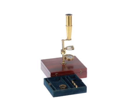 English, c.1840, unsigned, microscope screws in to brass boss in centre of lid, rack and pinion focus to stage, 3 simple scre