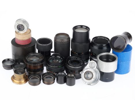 to include a Hermagis Anastigmat f4.5 210mm, an Olympus f/4 75-150mm, barrel G, optics G, an Olympus f/1.4 50mm, barrel G opt