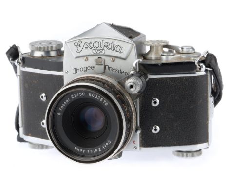 silver, serial number 763645, body F, shutter fires but needs attention, with a Carl Zeiss Jena Tessar f/2.8 50mm lens, barre