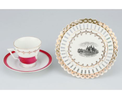including a cup and saucer with an engraving of the hospital on the cup, and a plate with an engraving of the hospital in the