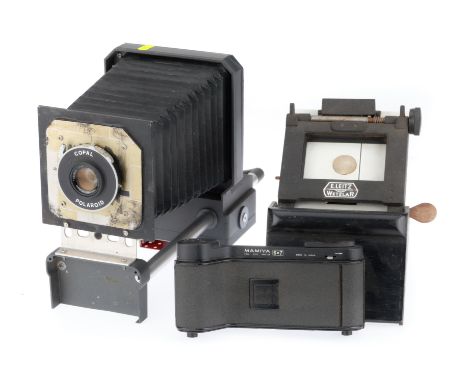 to include a home-made bellows camera, with a Mamiya 6x7 roll film back, a Polaroid shutter, and a Leitz Wetzlar slide maker.