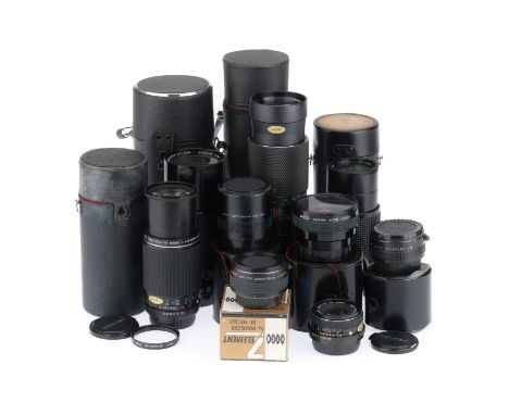 to include a Pentax-M f/2.8 28mm, barrel G, optics G, an Optomax f/5.5 300mm, barrel VG, optics VG, a Prinzflex f/4.5 80-205m