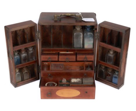 English, Early 19th Century, polished wooden case with brass carry handle, double doors to reveal 23 bottle compartments, 11 