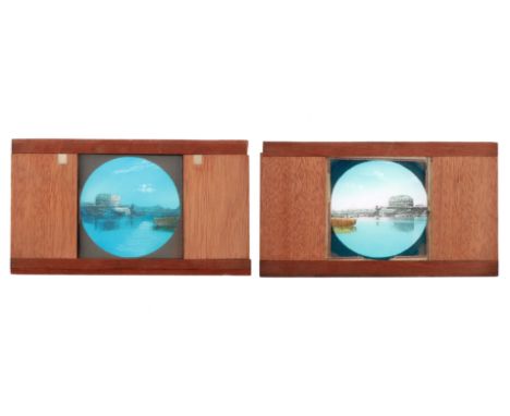 Magic Lantern Slides, pair of hand coloured magic lantern dissolving view slides 'Castle Sant' Angelo', measuring 17.5cm x 10