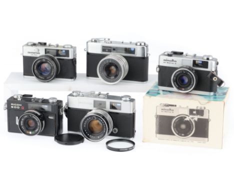 to include a Minolta Hi-Matic G, shutter working, corrosion to battery chamber, in maker's box, together with an Olympus 35 R