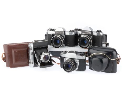 comprising a Balda Baldix, black, body VG, opens and folds nicely, optics appear G, shutter needs attention, with case, G, a 