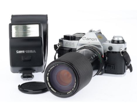 chrome, serial no. 3381633, together with a Canon Zoom Lens FD 70-210mm f/4 lens, camera body G, shutter working when battery