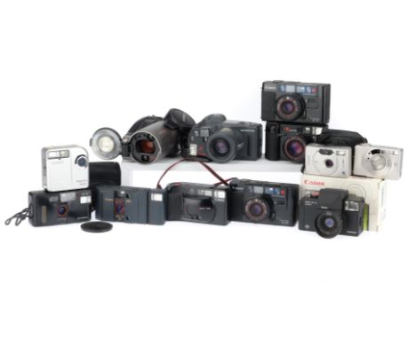 to include a Canon MC-S, body VG, motor advances, shutter not firing, a pair of Canon AF35M, untested, battery door issues, a