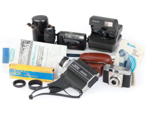 to include a Nikon RF2 compact camera, black, VG, working, a Polaroid 636 Close-up, G, untested, a Sankyo Movie 25, G, untest