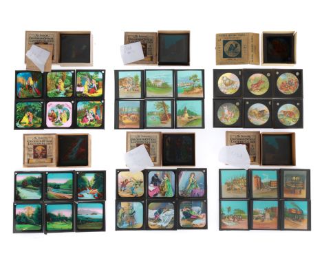 Including 6 card cases of colour lithograph magic lantern slides, subjects include animals, Romeo and Juliet and Ireland, not