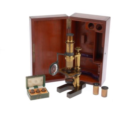 French, 19th century, engraved Heartnack et Cie. Paris, Henderson Agent Edinbro, microscope with mirror, bullseye on arm, in 