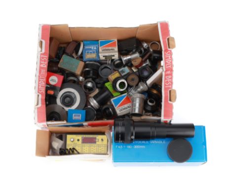 to include a Camlogix Shutter Speed Tester, untested, in maker's box, an Elmo 180-300mm projector lens, VG, optics VG, in mak